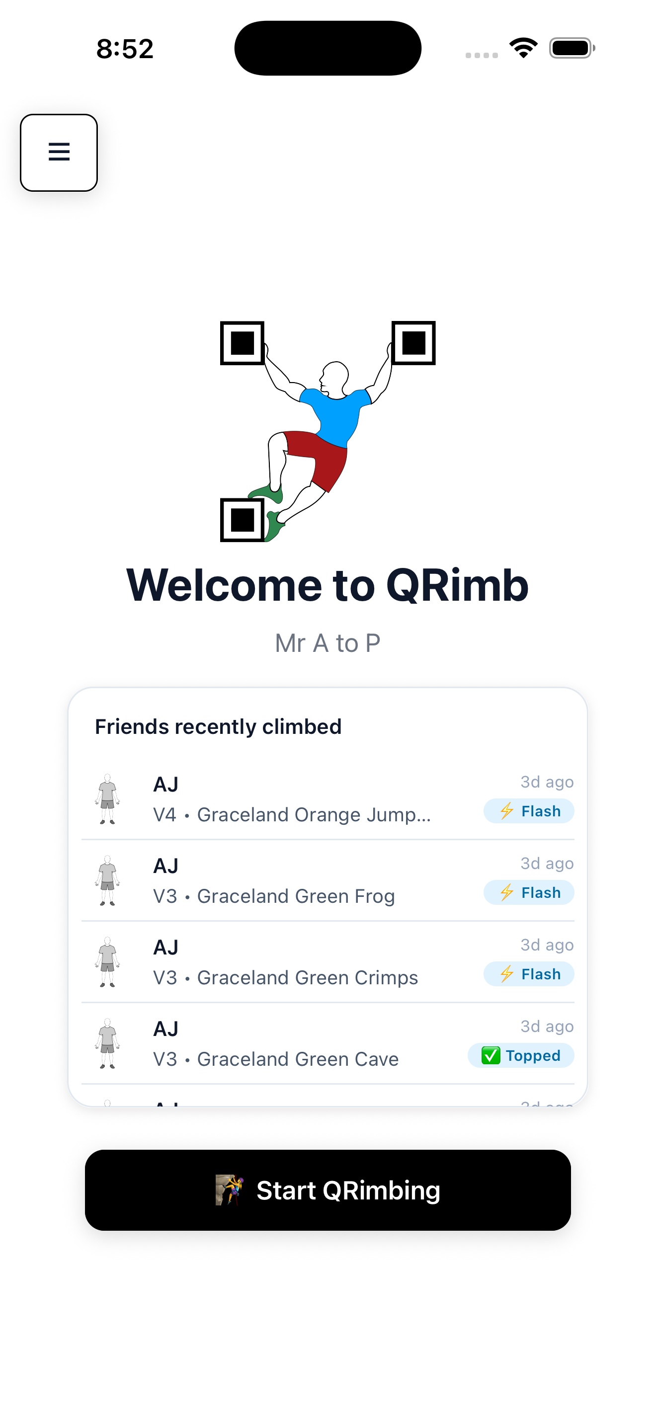 QRimb home screen