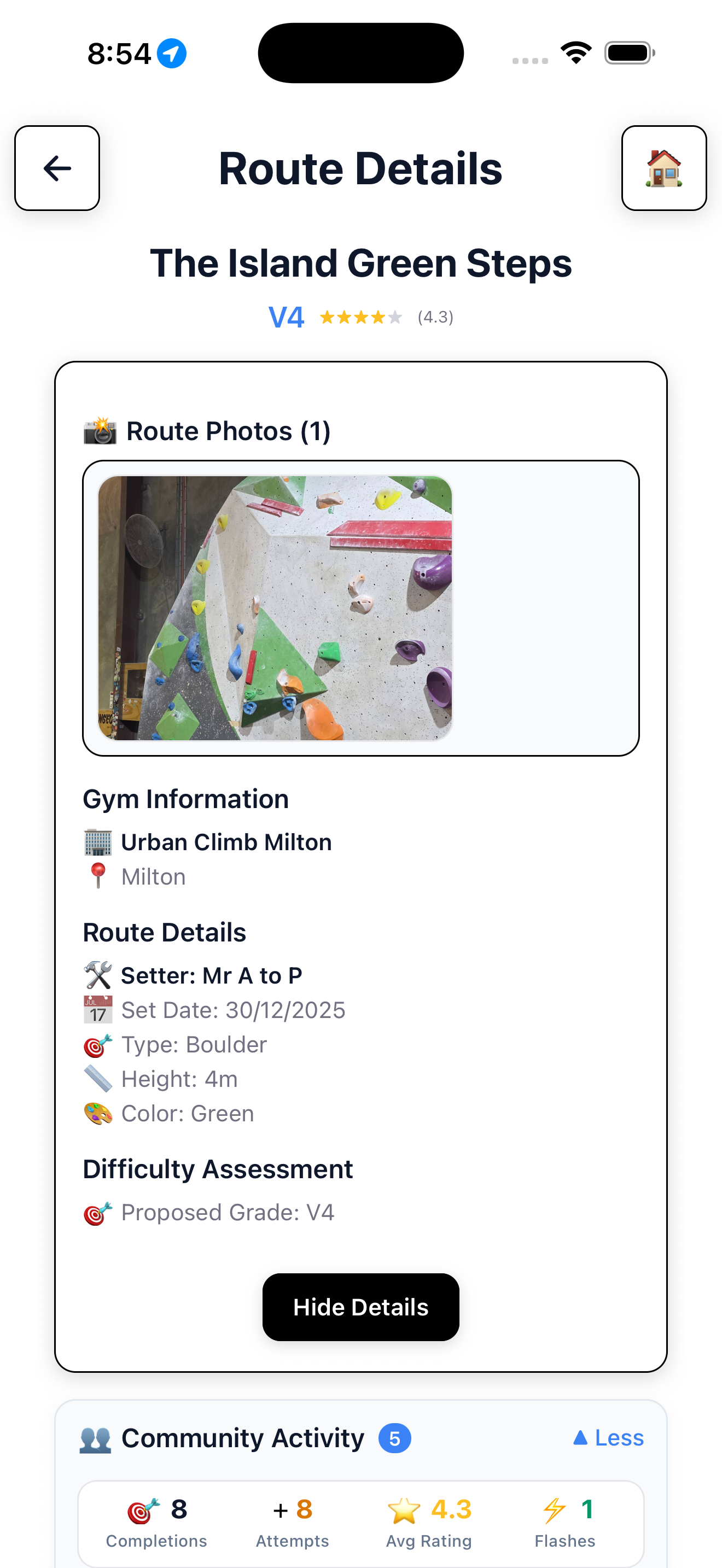 QRimb route page after scanning